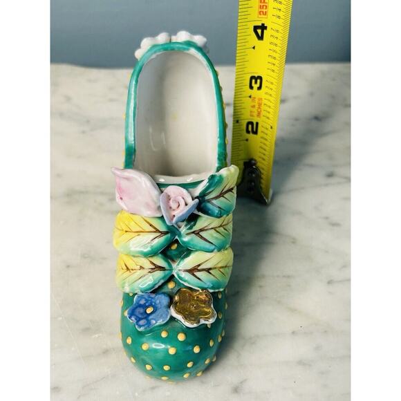 Vintage Hand Painted Shoe High Heel Polka Dots 3D Flowers Leaf Green 4" Japan - Picture 7 of 11